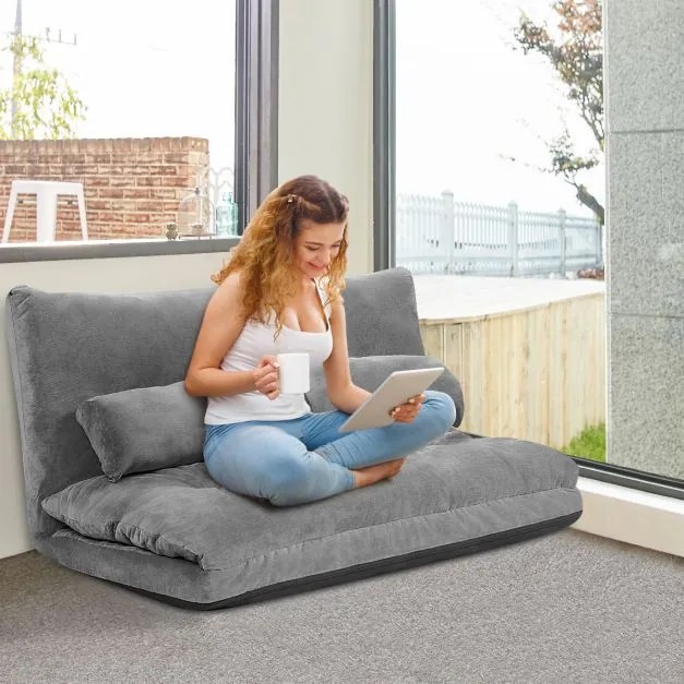 Sofá chão Sofá-cama multifuncional ajustável em 6 posições com 2 almofadas Forro em camurça para quarto, sala, varanda Cinzento