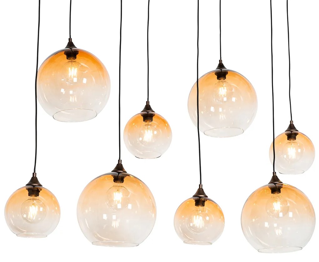 Candeeiro de suspensão Art Déco bronze escuro com vidro âmbar 8 luzes - Sandra