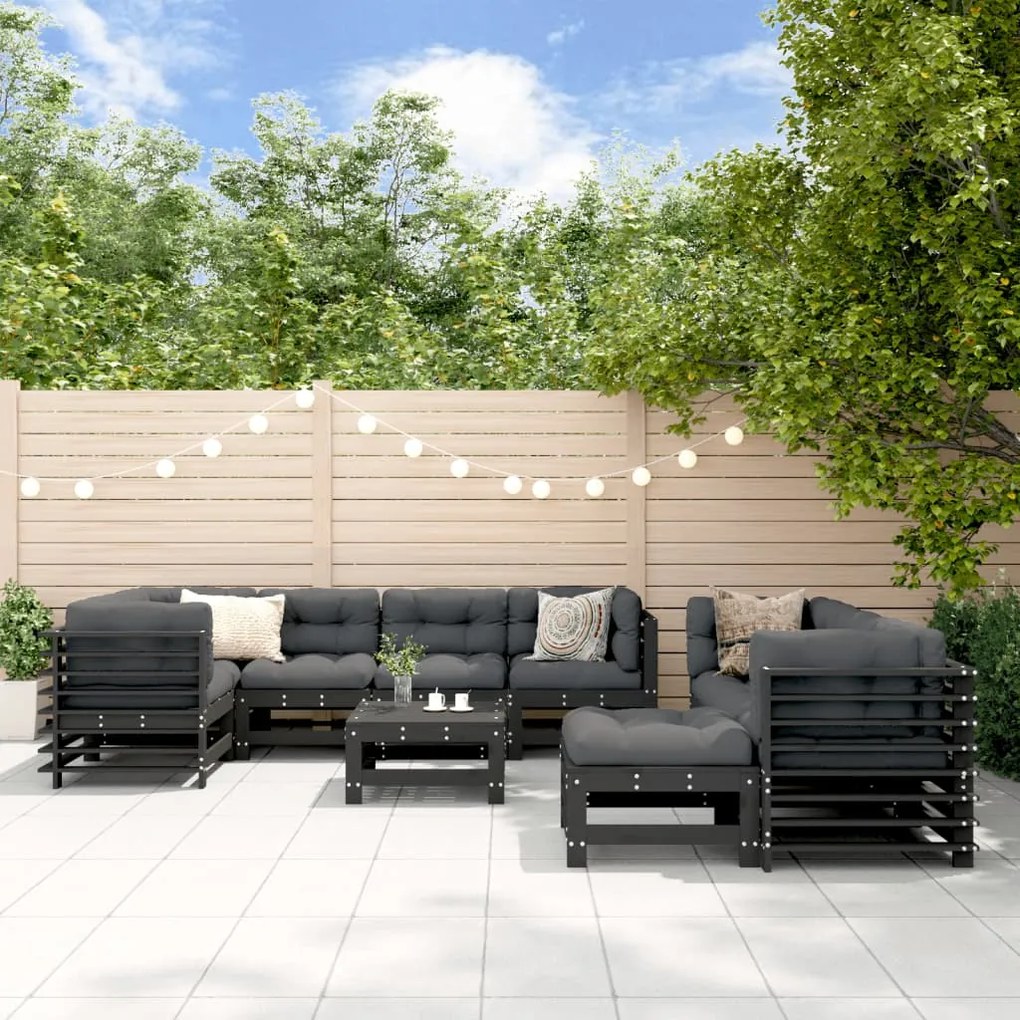vidaXL 10pcs conjunto lounge jardim c/ almofadões madeira maciça preto