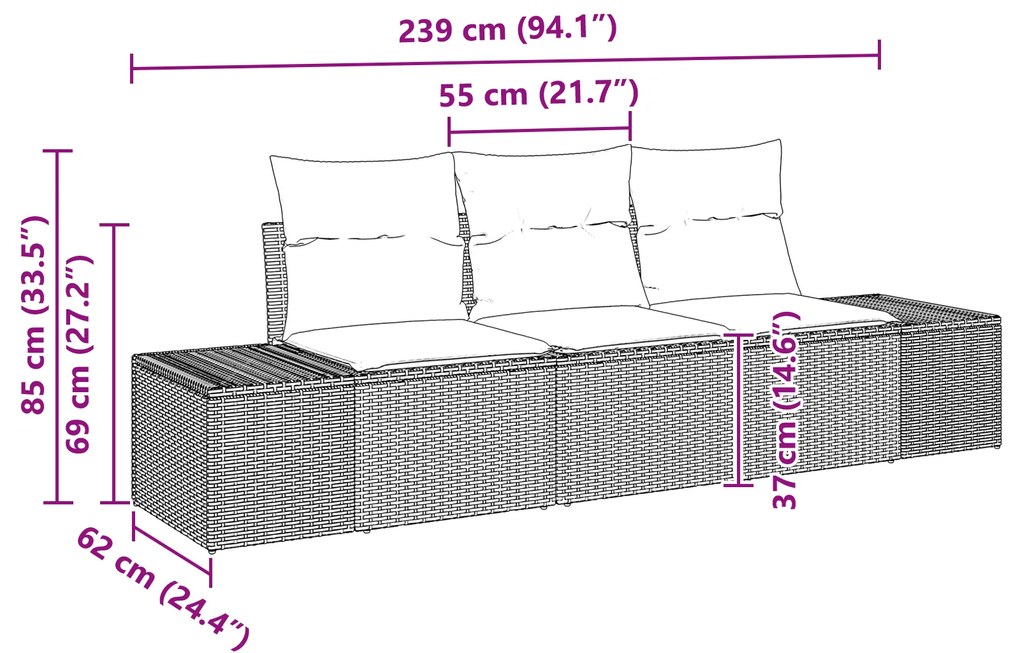 Conjunto de Sofás de Jardim de 3 Peças com Almofadas Preto Rattan