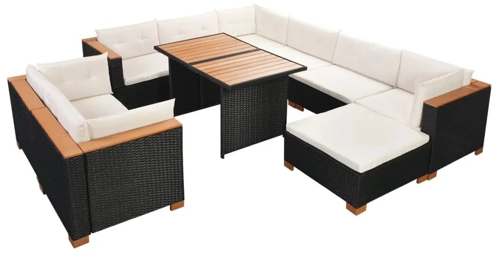10 pcs conjunto lounge de jardim c/ almofadões vime PE preto