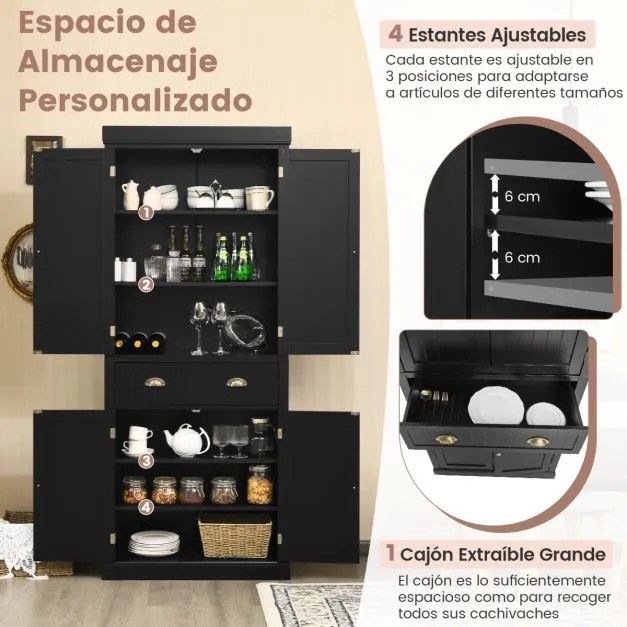 Armário arrumação multifuncional de 2 portas com gaveta para sala de estar Sala de jantar e cozinha 76 x 40 x 183 cm Preto