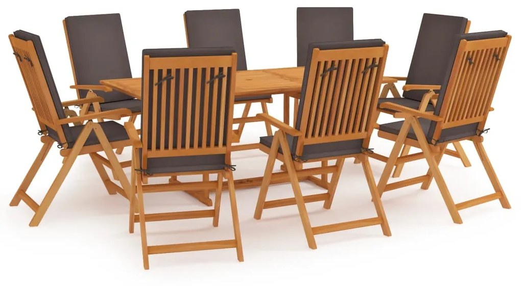 vidaXL 9 pcs conjunto jantar jardim + almofadões cinzentos teca maciça