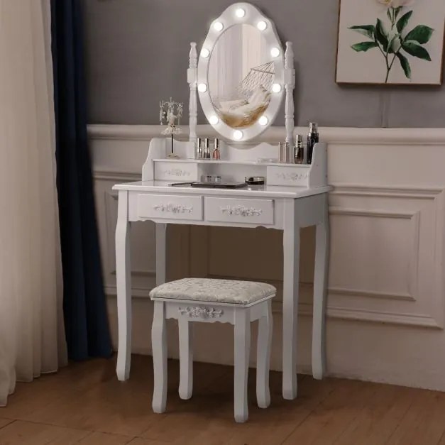 Conjunto de Toucador com Espelho Oval e 10 Lâmpadas LED Pernas em Madeira de Pinho e Almofadas Antiderrapantes Branco 75 x 40 x 146 cm Branco