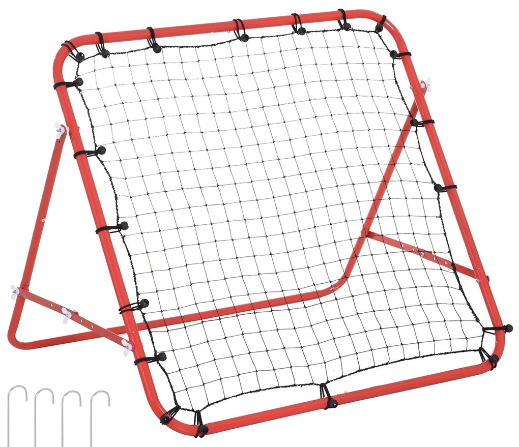 HOMCOM Rede de Rebote de Metal Rede de Rebote com Ângulo Ajustável e 20 Cordas Elásticas para Treinamento de Futebol Tenis Beisebol Desportes 96x80x96cm Vermelho