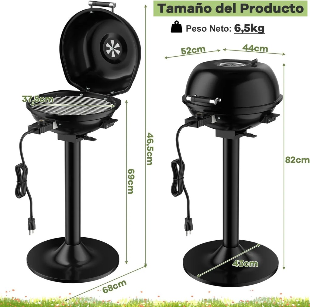 Grelhador elétrico para churrasco portátil com grelha antiaderente removível 52 x 44 x 82 cm Temperatura ajustável 1600W Grelha interior preta