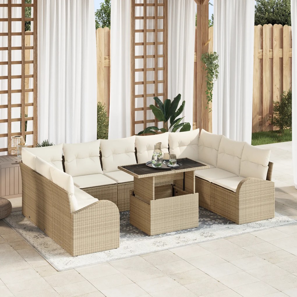 Conjunto de Sofá de 10 Peças vidaXL com Almofadas Beige Rattan Poliést