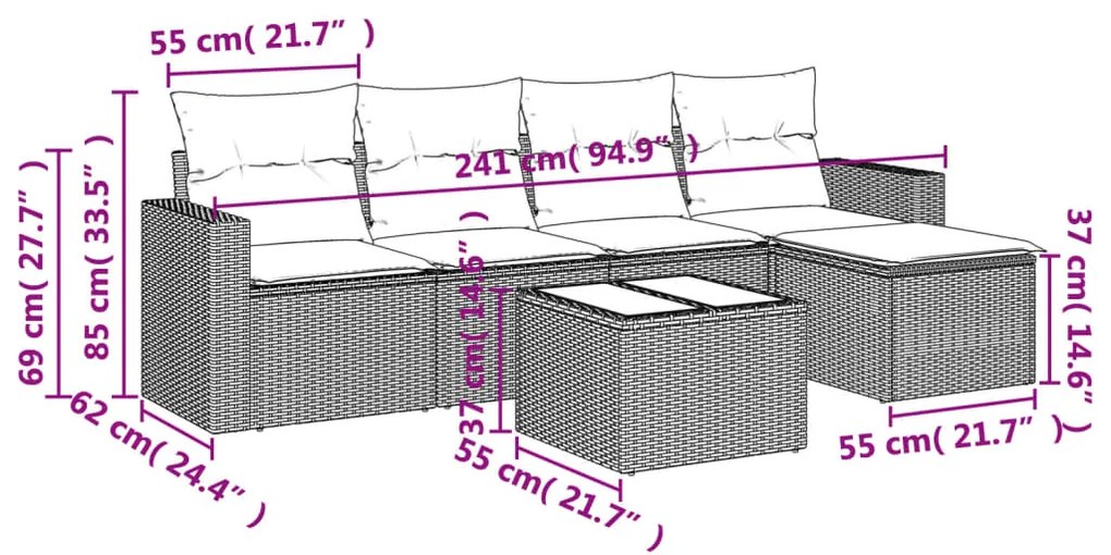 6 pcs conjunto de sofás p/ jardim com almofadões vime PE bege