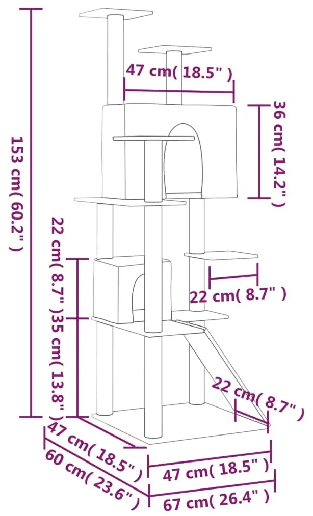 Árvore p/ gatos c/ postes arranhadores sisal 153 cm cinza-claro