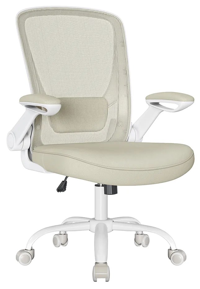 SONGMICS Silla de Oficina, Silla de Escritorio de Malla, Silla de Ordenador Ergonómica, Soporte Lombar, Oscilante, Anchura de Asiento 53 cm, Apoyabrazos Abatibles, Beige Avena OBN037K02