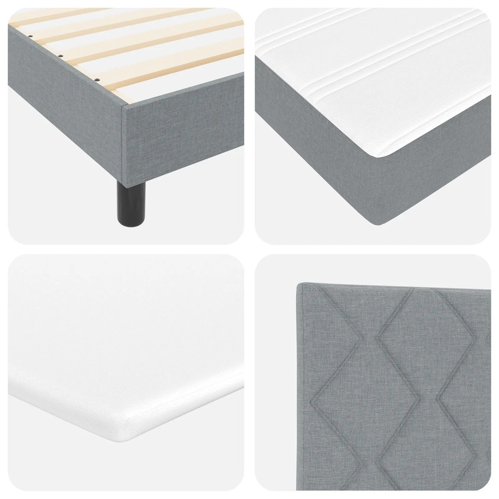 Cama Box Spring com Colchão &amp; LED Cinza Claro 90x200 cm Tecido
