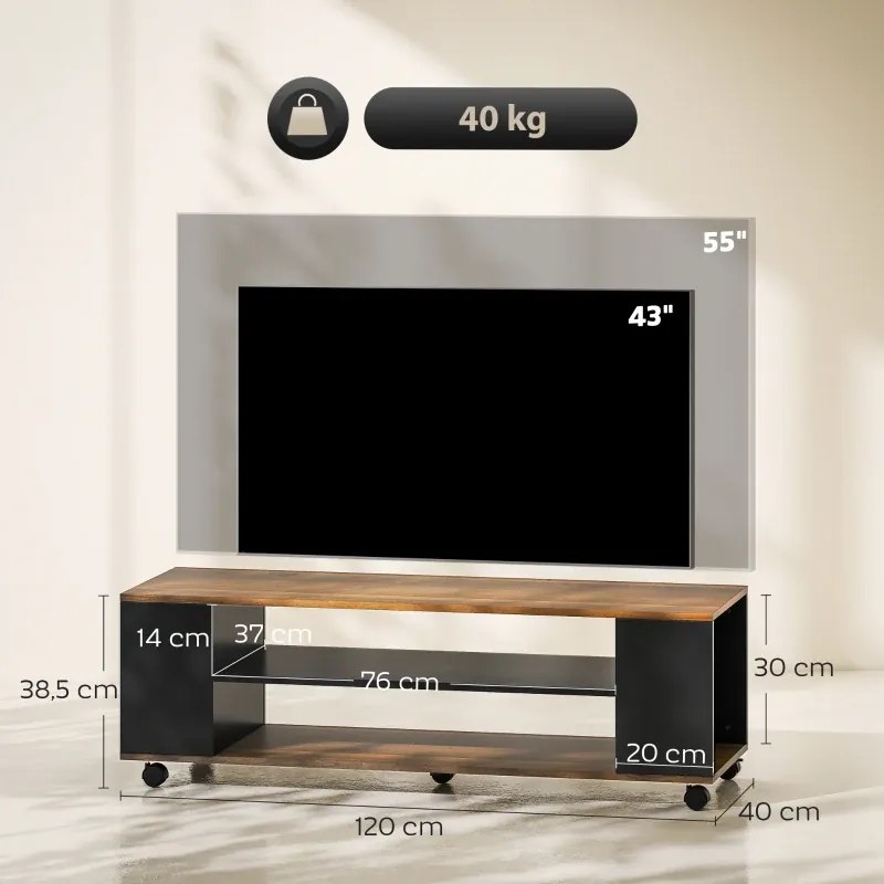 Móvel para TV com Rodas Armário para TV Flutuante com 2 Portas e 2 Prateleiras 120x40x38,5 cm Preto e cor Nogueira