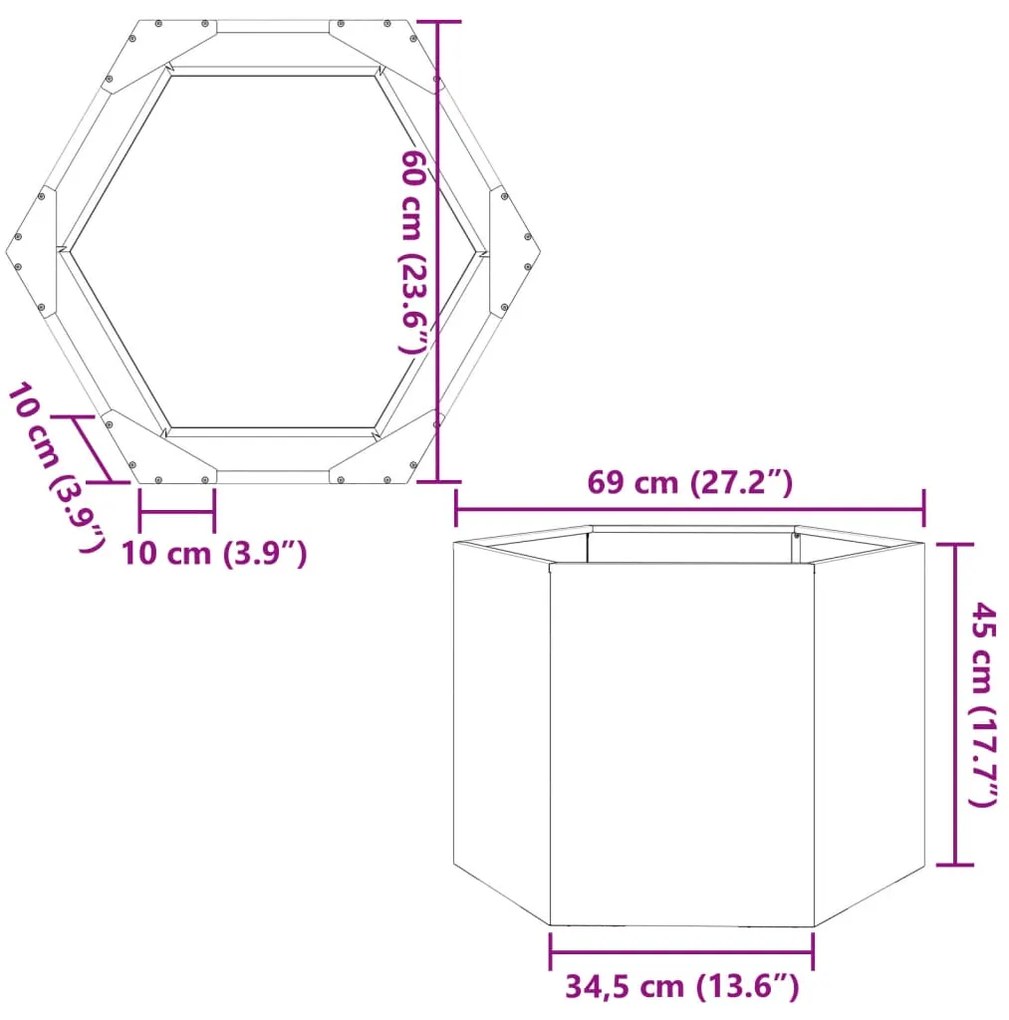 Vaso/floreira de jardim hexagonal 69x60x45 cm aço branco