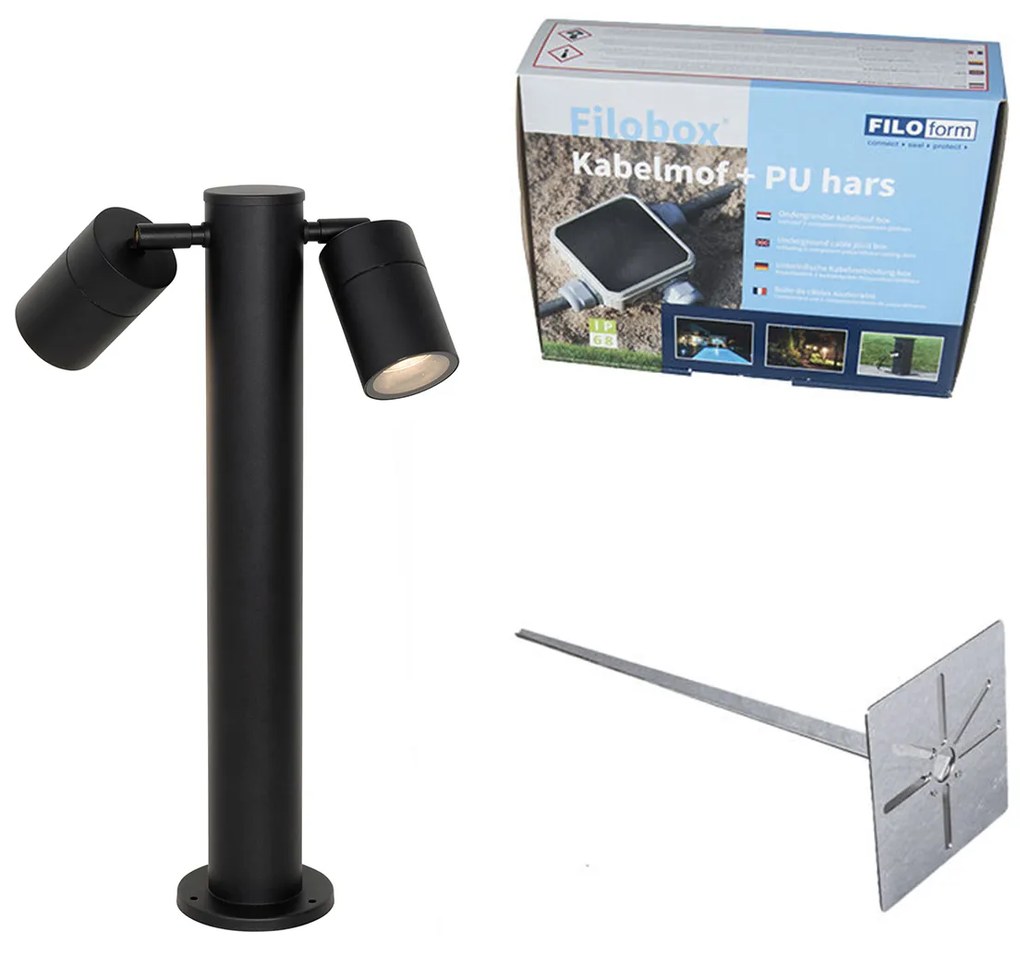 Candeeiro de exterior preto com estaca de terra e prensa-cabos 45cm 2-luzes IP44 - Duo