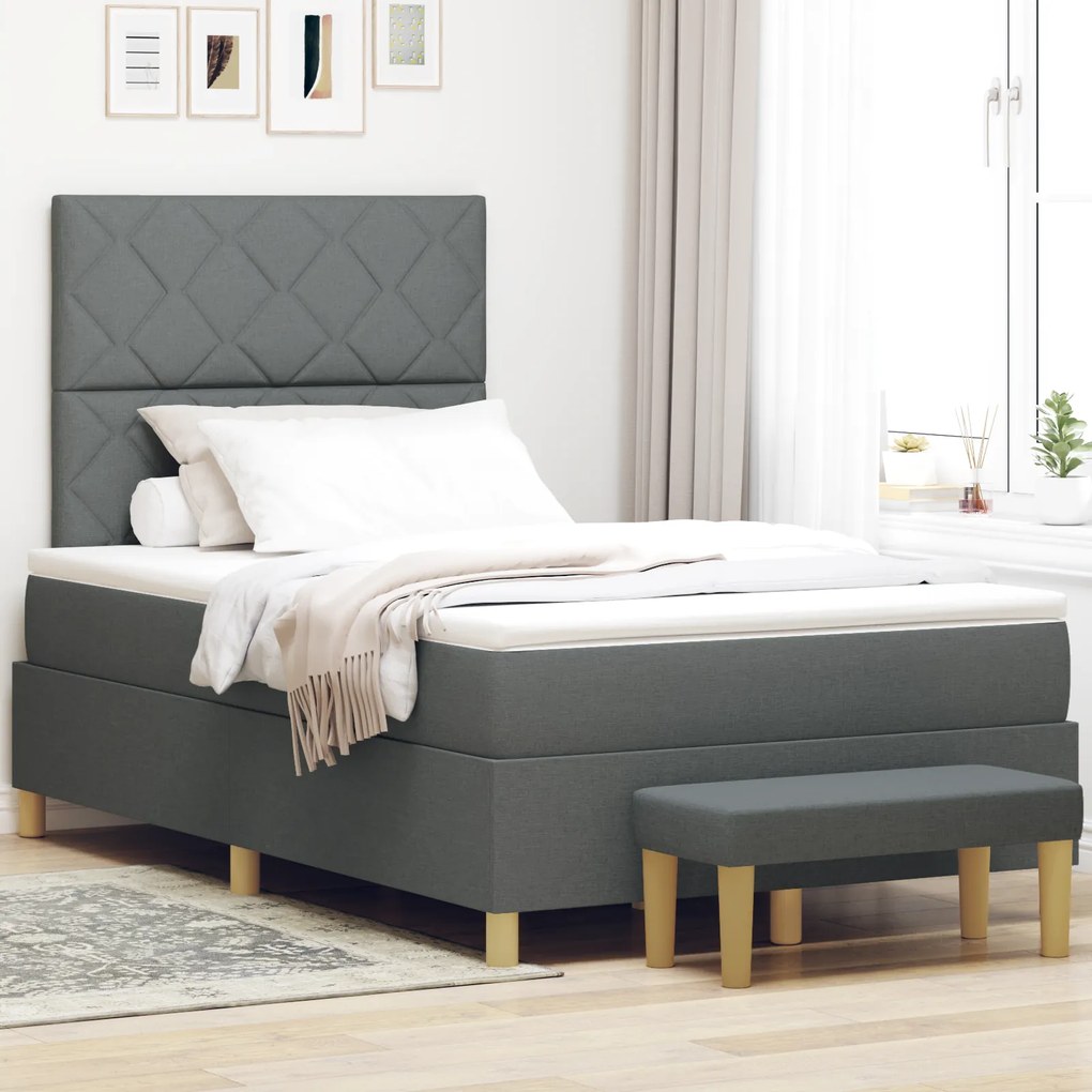 vidaXL Cama Box com Colchão e Banco Cinza Escuro 120x190 cm Tecido