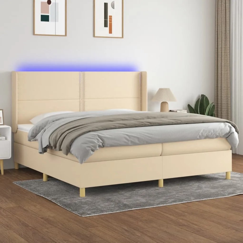 vidaXL Cama box spring c/ colchão e LED 200x200 cm tecido cor creme