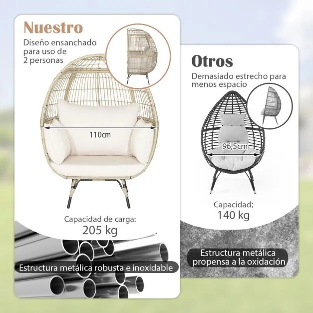Cadeira Ovo de vime para jardim com capacidade para 205 kg e 4 almofadas Estrutura metálica robusta 110 x 82 x 145 cm Castanho claro