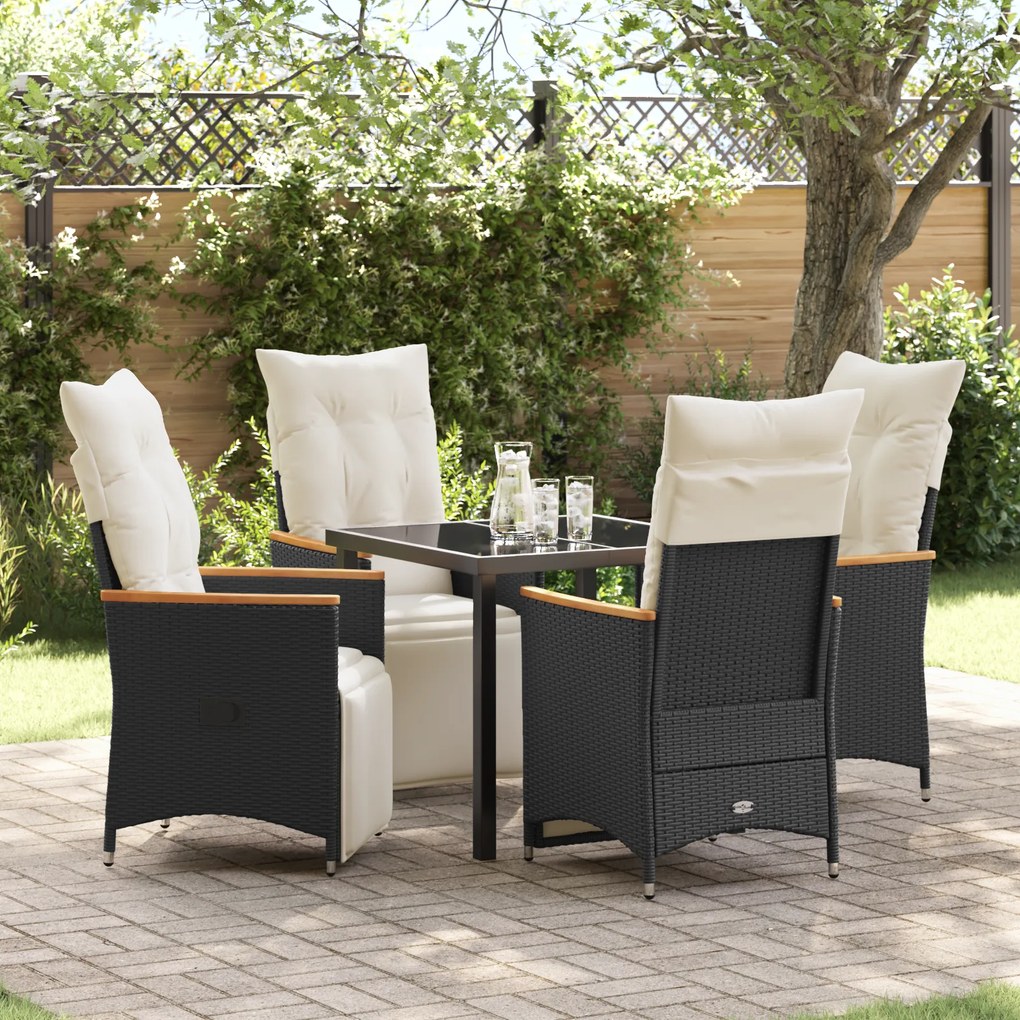 vidaXL Conjunto de Jantar de Jardim de 5 Peças com Almofadas Preto Rattan Poliéster