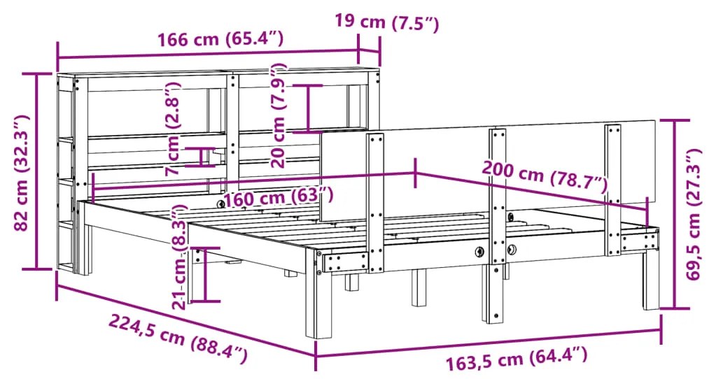 Estrutura de cama com cabeceira 160x200 cm pinho maciço