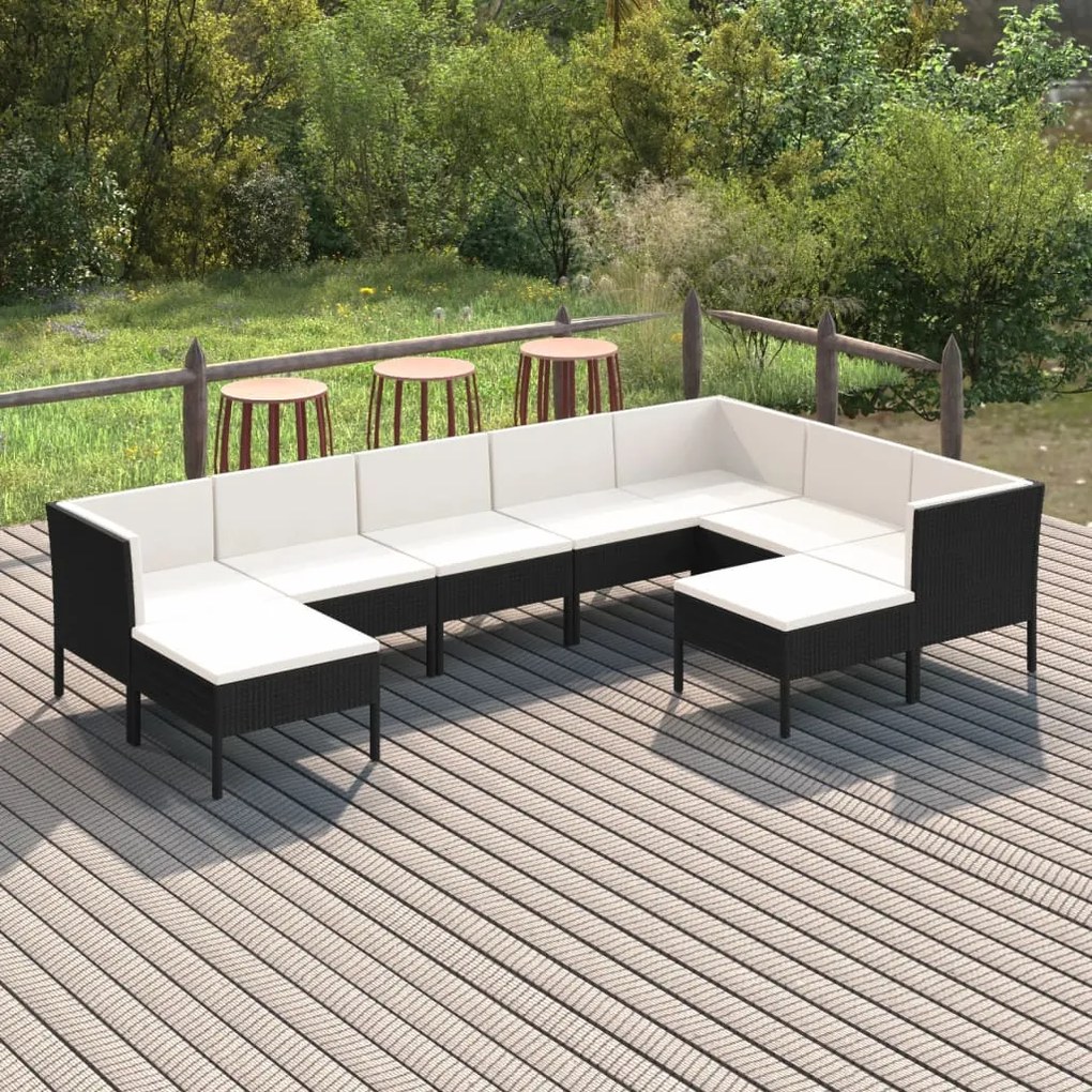 vidaXL 9 pcs conjunto lounge de jardim c/ almofadões vime PE preto