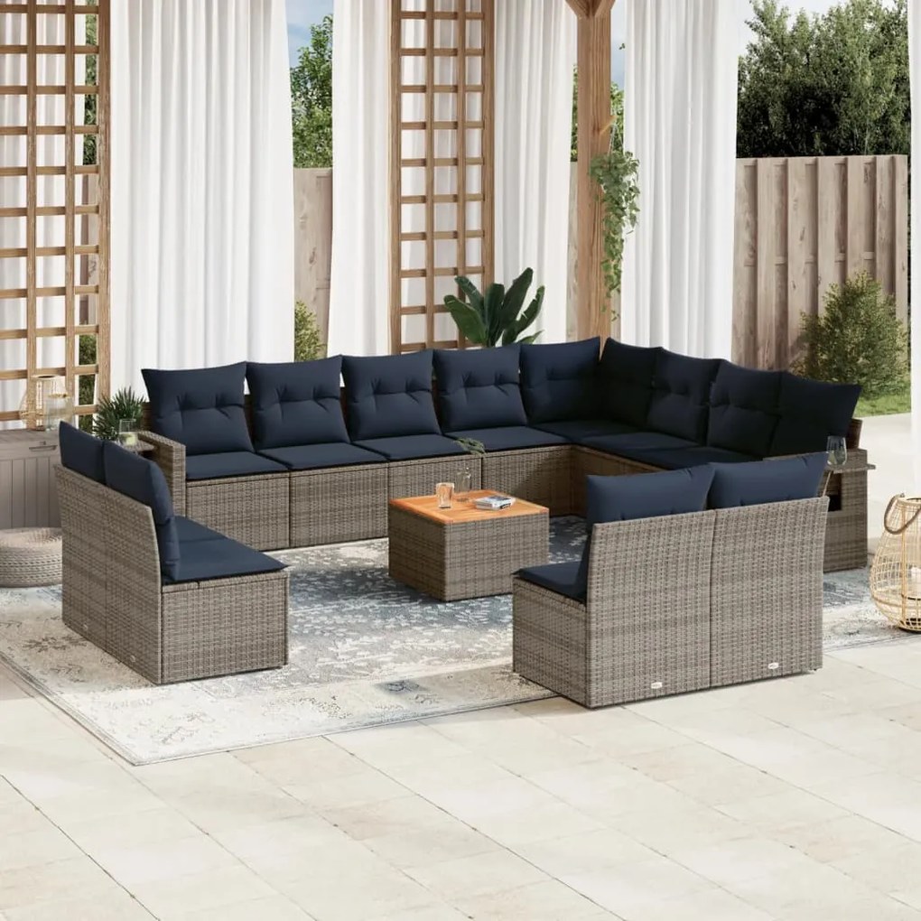 vidaXL 13 pcs conjunto sofás p/ jardim c/ almofadões vime PE cinzento