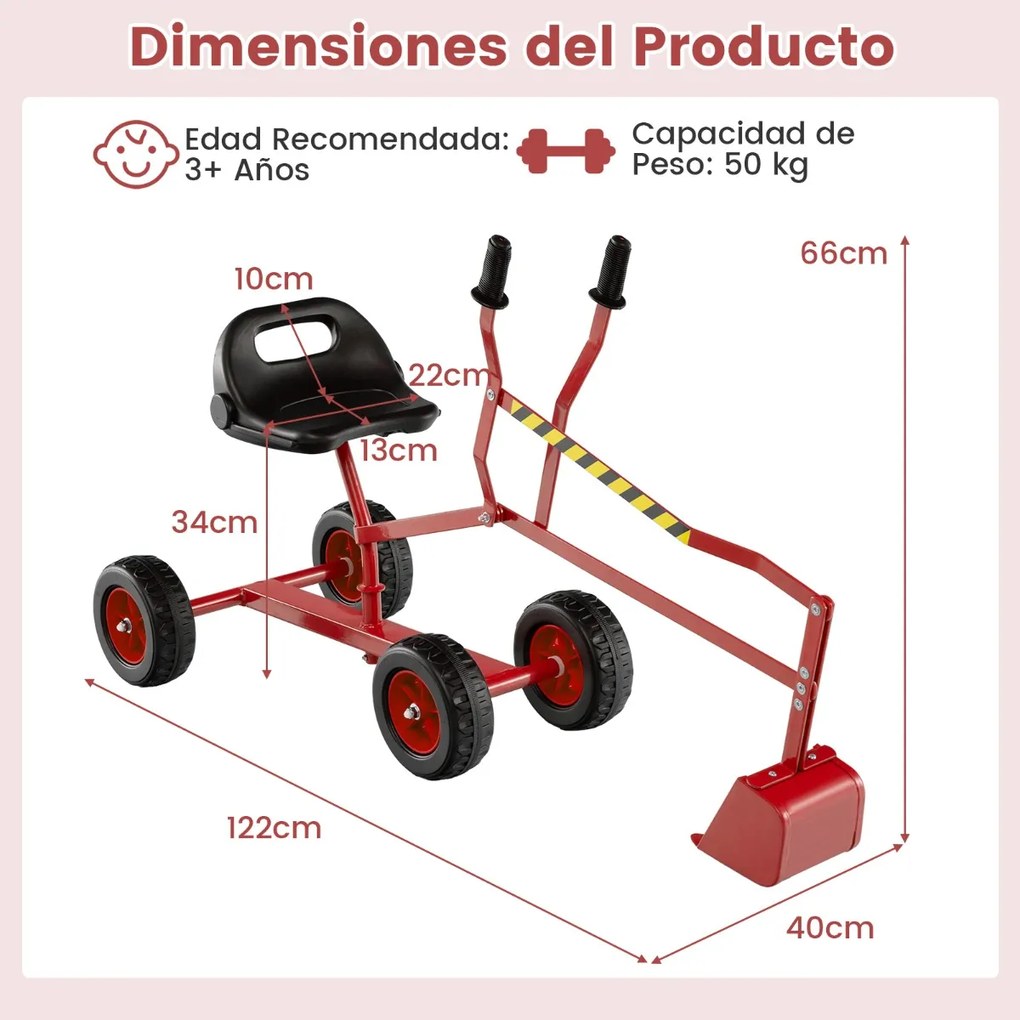 Conjunto de escavadora com assento giratório de 360 graus, 2 braços e 4 rodas antiderrapantes para crianças 122 x 40 x 66 cm, vermelho