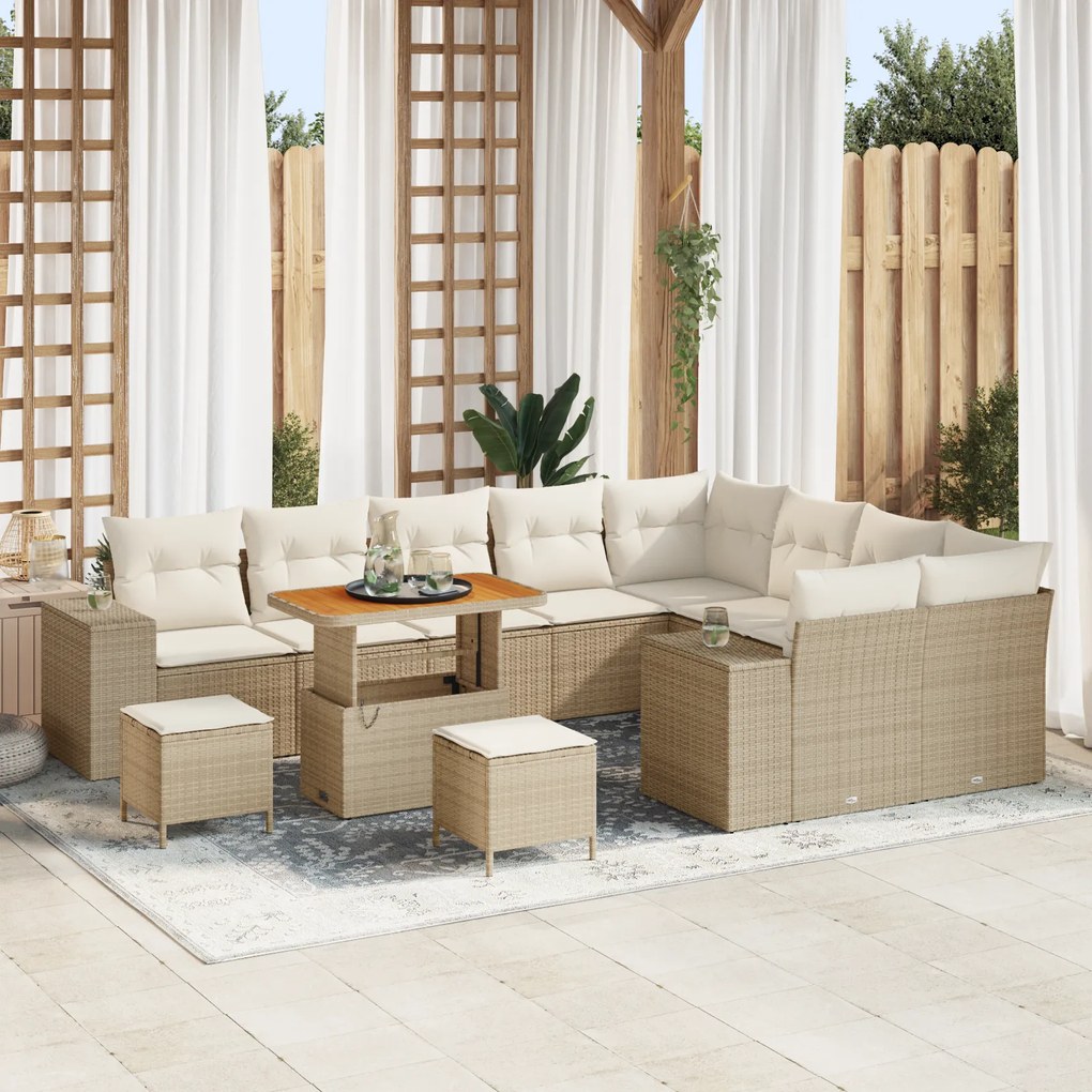 Conjunto de Sofás de Jardim de 12 Peças com Almofadas Bege Rattan Poli