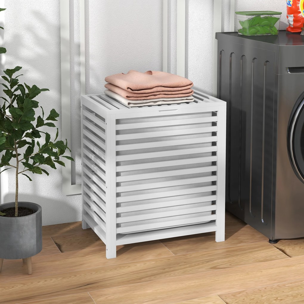 Cesto de Roupa Suja de Bambu Capacidade 55L com Bolsa Amovível Forma Retangular 50x36x60 cm Branco