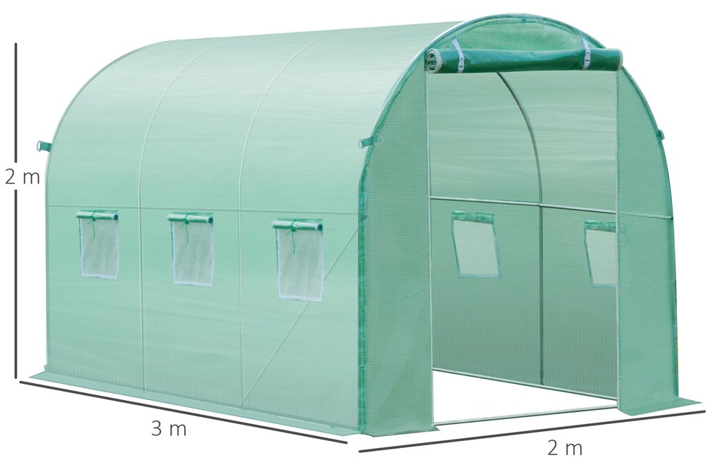 Cobertura de Estufa com 6 Janelas e Porta para Jardim Anti-UV e Anti-envelhecimento PE 300x200x200 cm Verde