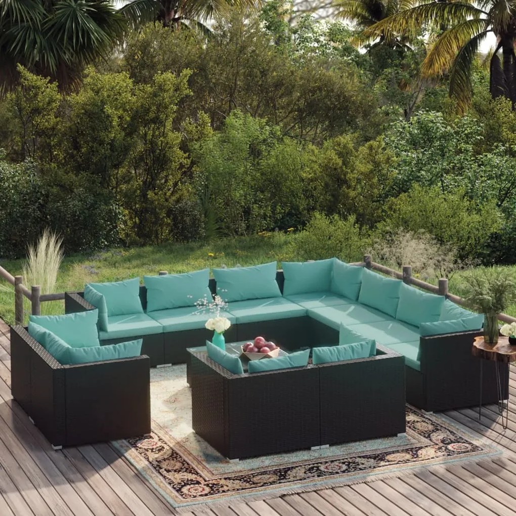 vidaXL 12 pcs conjunto lounge de jardim c/ almofadões vime PE preto
