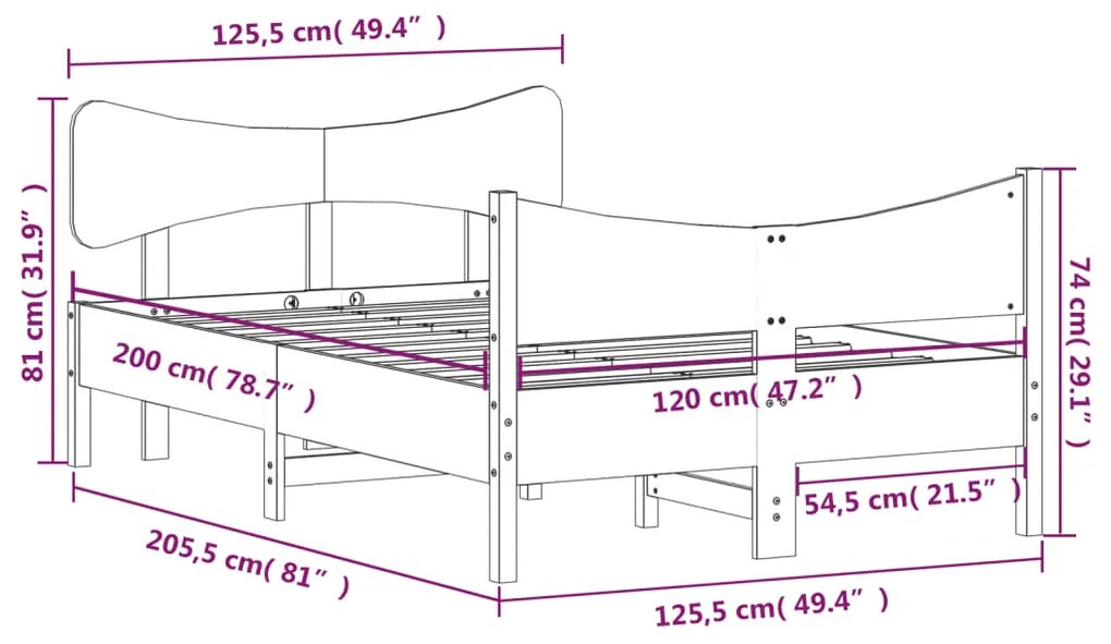 Estrutura cama c/ cabeceira 120x200cm pinho maciço castanho-mel