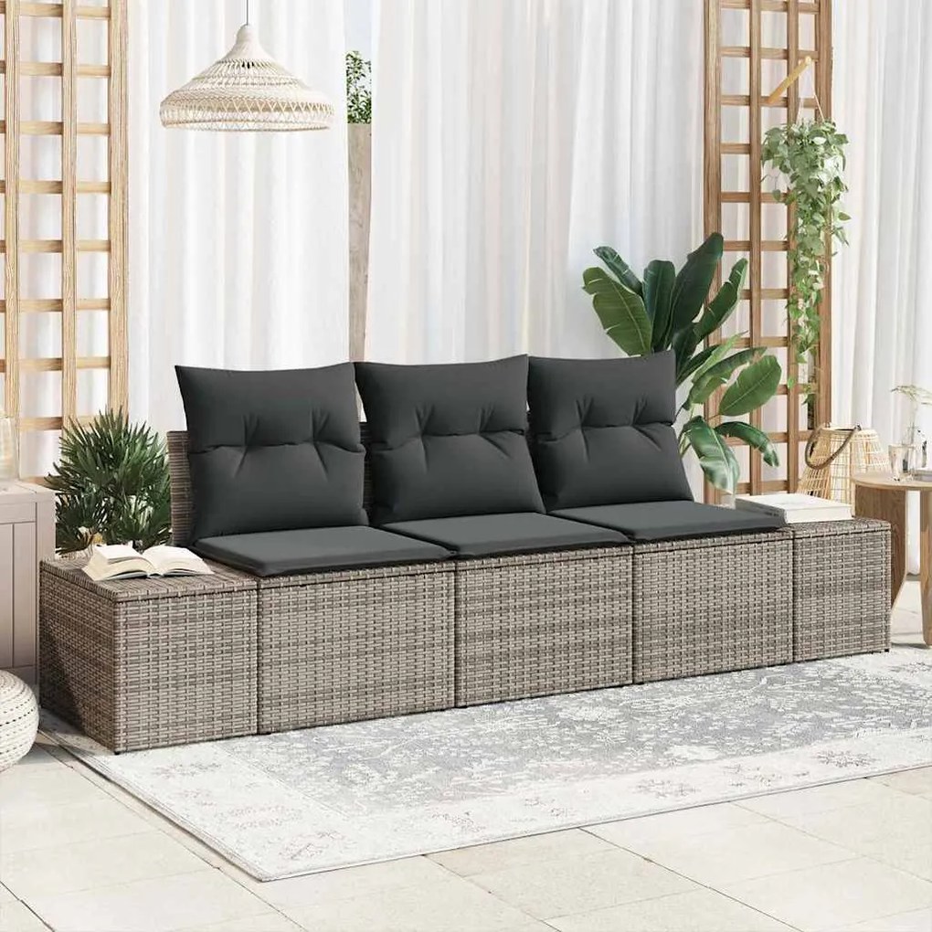 Conjunto de Sofá para Jardim com 3 Peças e Almofadas Cinzas em Rattan