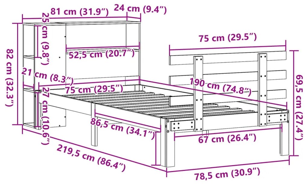 Cama com estante sem colchão 75x190cm pinho maciço castanho-mel