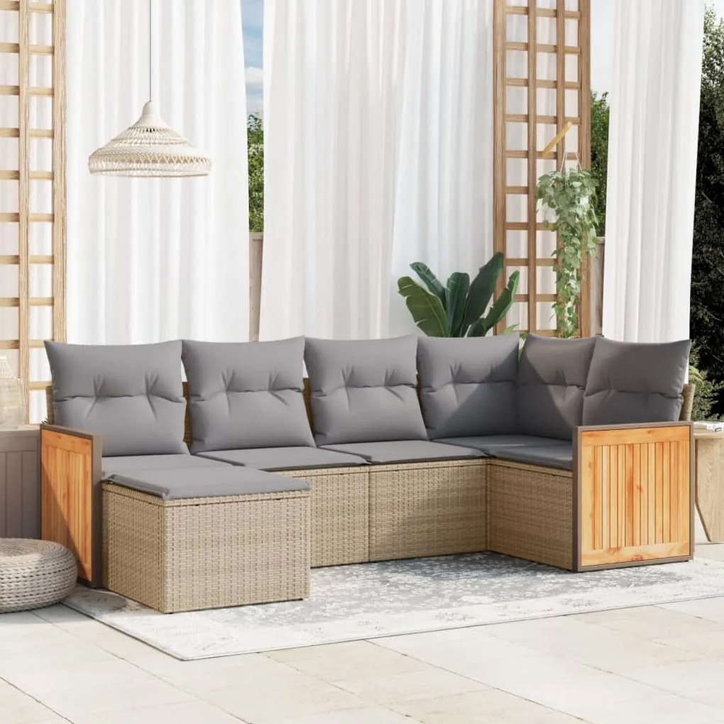 6 pcs conjunto de sofás p/ jardim com almofadões vime PE bege