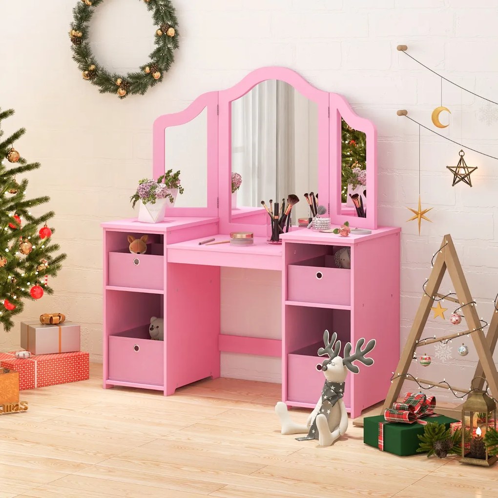 Toucador Princesa para crianças com 4 prateleiras grandes e espelho de plástico com 3 painéis Carga 100 kg 107 x 40 x 117 cm Rosa