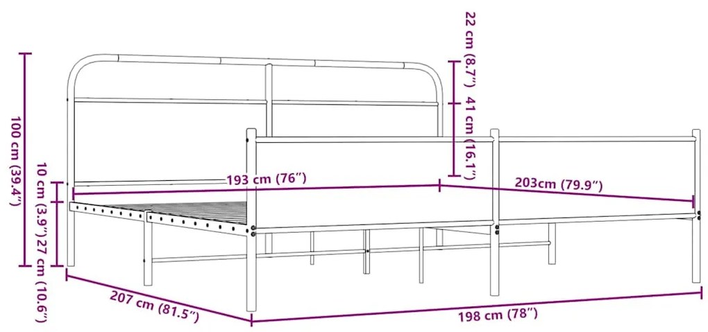 Estrutura cama sem colchão 193x203 cm metal carvalho castanho