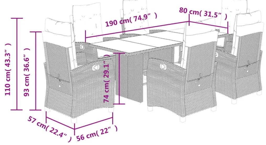 7 pcs conj. jantar p/ jardim c/ almofadões vime PE cinza-claro