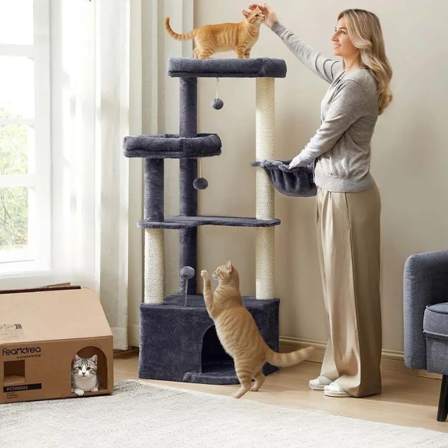 Arranhador para gatos 48,5 x 48,5 x 140,7 cm com uma grande caverna e várias áreas para brincar e descansar cinzento escuro