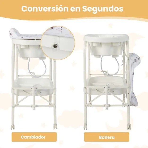 Troca-fraldas com banheira, portátil e dobrável, almofada em PVC, bandeja de armazenamento com 4 rodas universais, branco