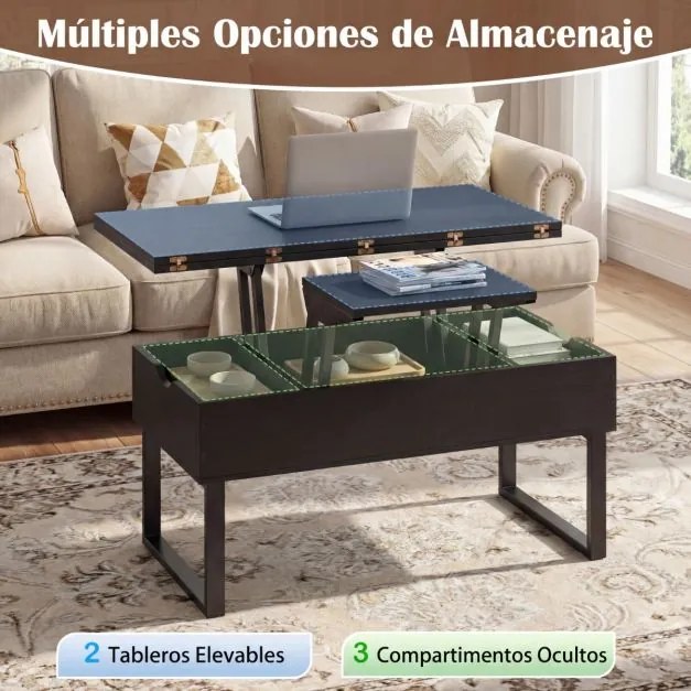 Mesa de centro conversível 3 em 1 com tampo elevável 100 x 50 x 49 cm e 3 compartimentos ocultos de madeira para sala de estar Preta