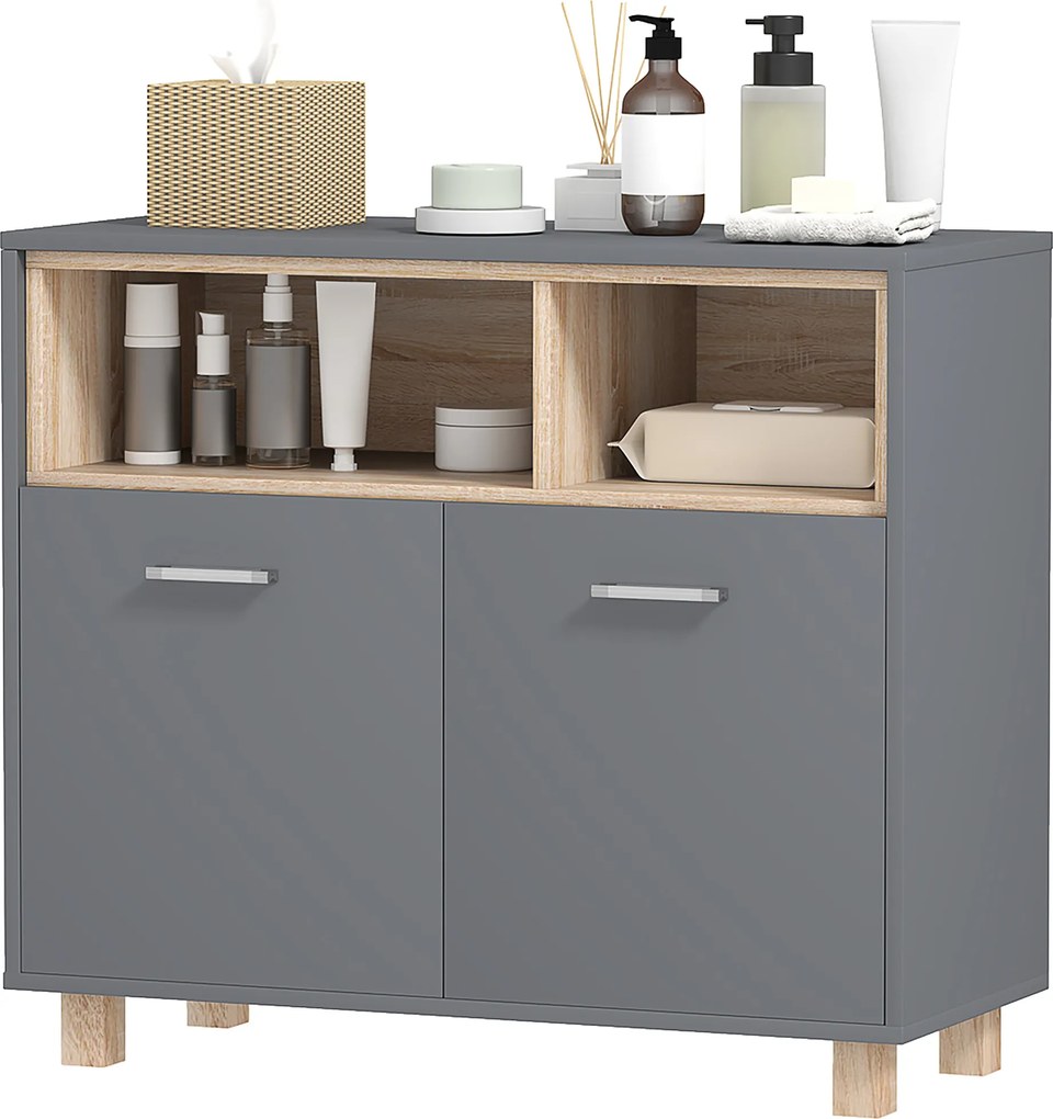 Móvel de arrumação para casa de banho 80 x 35 x 70 cm de estilo moderno com compartimentos abertos e portas duplas cinzento