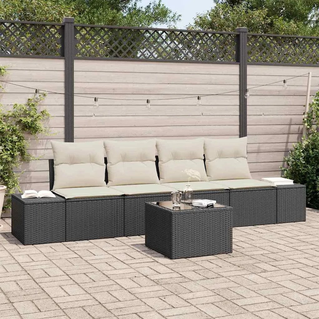 vidaXL Conjunto de Sofá de Jardim 5 Peças com Almofadas Pretas em Rattan Poliéster