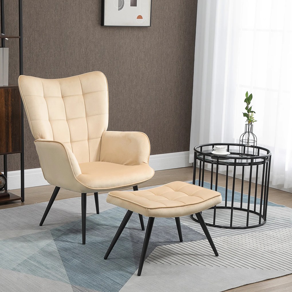 HOMCOM Poltrona Individual com Otomana Estofada em Veludo Poltrona de Sala de Estar com Encosto Alto Apoio para os Braços para Dormitório Escritório Carga Máxima 150kg 72x80x99cm Bege