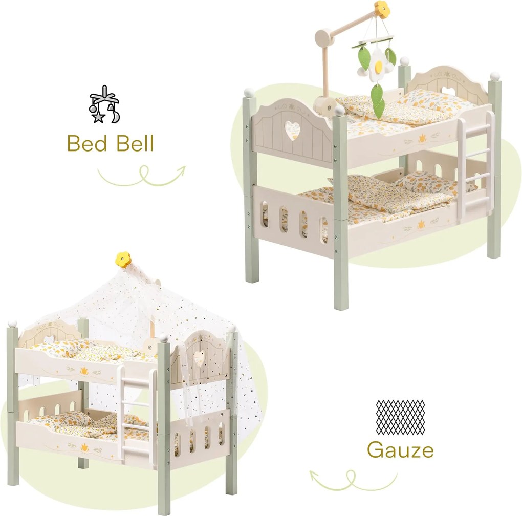 Cama de madeira de brincar 2 em 1 para bonecas (NÃO INCLUIDA) 55 x 30 x 46 cm Verde
