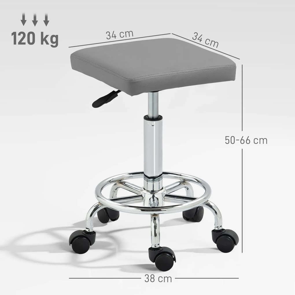 Banco Giratório com Rodas Altura Regulável 50-66 cm Assento Estofado em Imitação de Couro  34x34x50-66 cm Cinzento