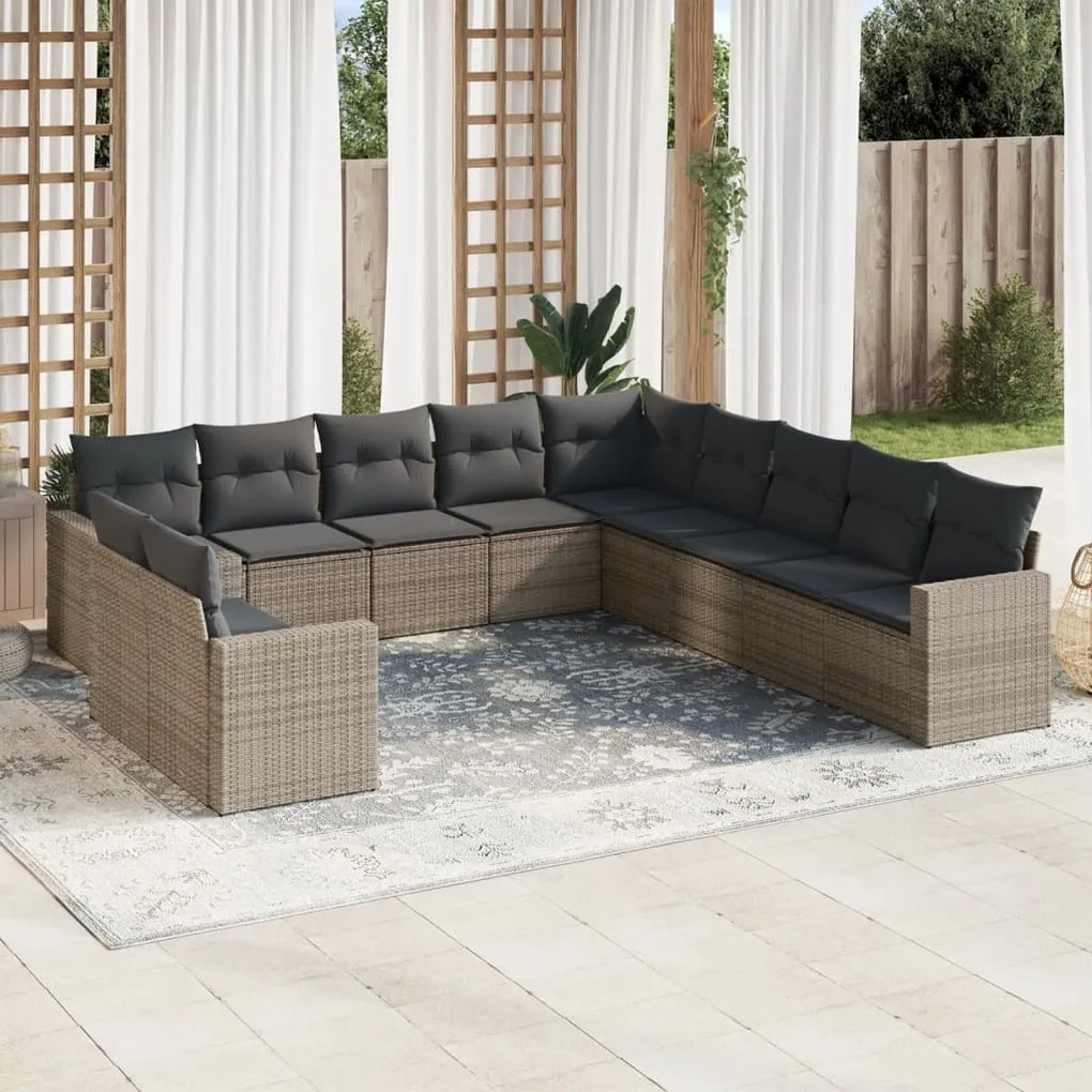 11 pcs conjunto sofás de jardim c/ almofadões vime PE cinzento