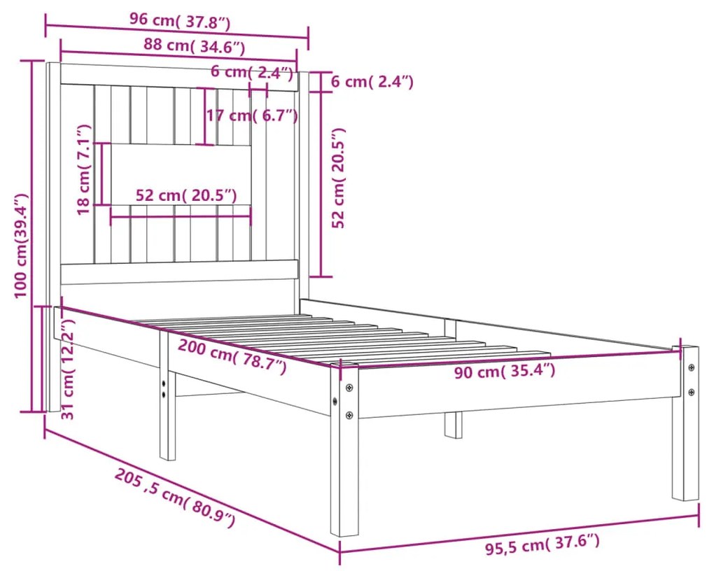 Estrutura de cama 90x200 cm pinho maciço branco