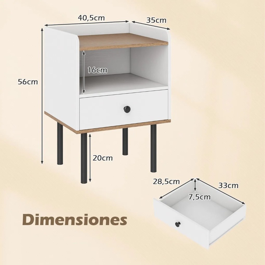 Mesa de cabeceira 40,5 x 35 x 56 cm com gaveta e prateleira aberta Pernas de metal Mesa auxiliar compacta para sala ou quarto Branco