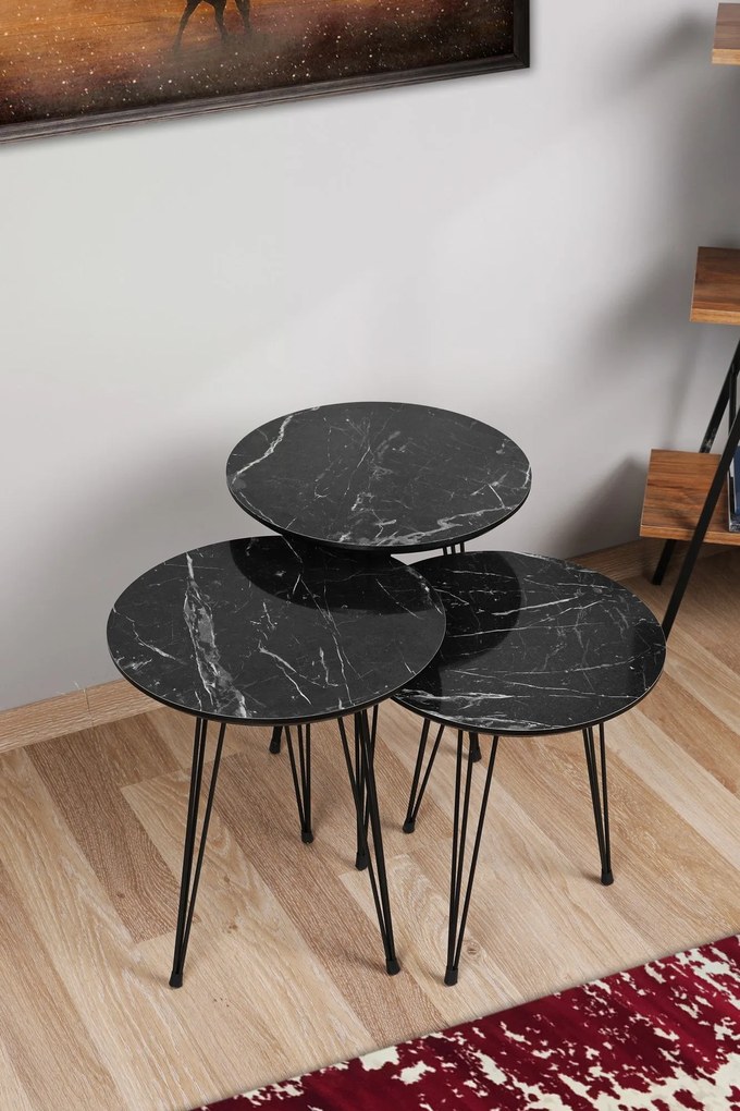 Conjunto de Mesas de Apoio Siyah Mermer – Cinza e Preto – 38x38x45/50/