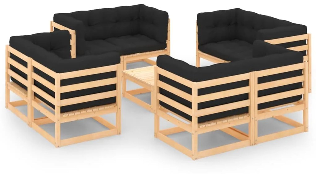 vidaXL 9 pcs conjunto lounge de jardim c/ almofadões pinho maciço